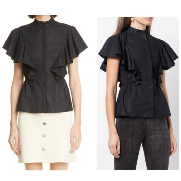 Adam LIPPES Ruffled cotton-poplin short sleeve button down blouse top size 12 - Picture 3 of 16